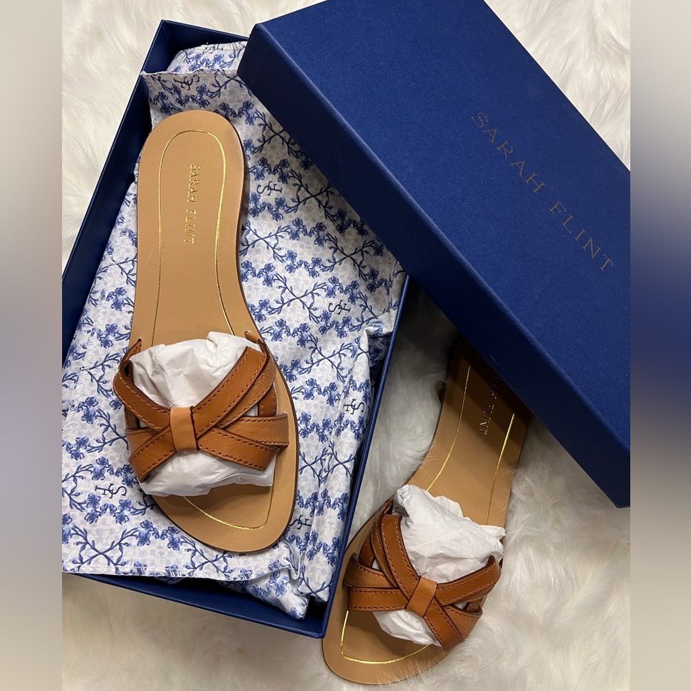 NEW NIB Sarah Flint Mirjana Bow flats sandals cognac leather size 7 slides